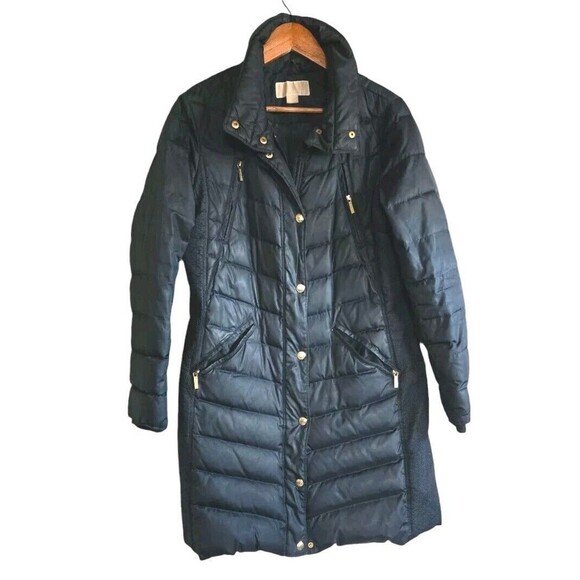 MICHAEL KORS Down Puffer Jacket Coat Women's Medium Blue Gold Zip - Picture 1 of 8